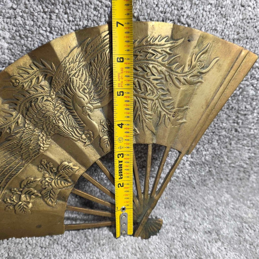 Brass Wall Fan Gold Phoenix Floral Vintage Chinoiserie Decor - Picture 5 of 5